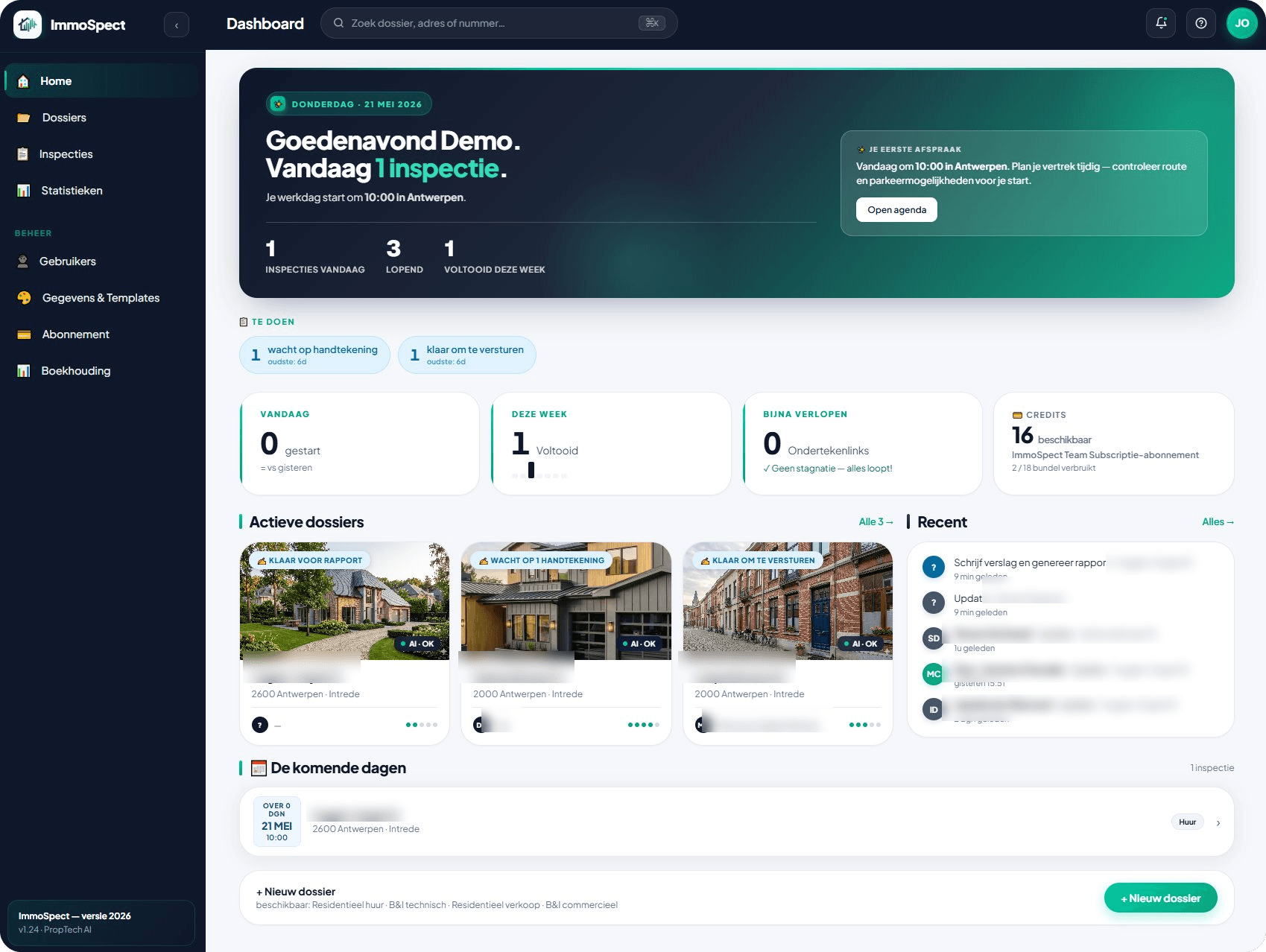 ImmoSpect desktop-dashboard — dossier automatisch voorbereid via OCR