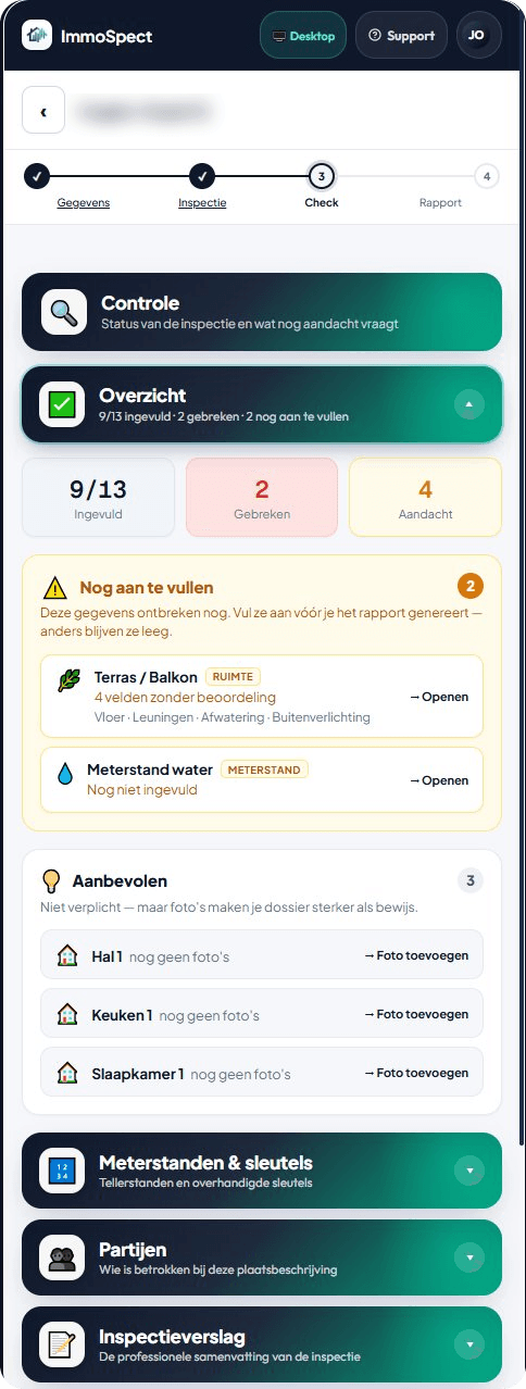 ImmoSpect AI-eindcheck — meterstanden, juridische volledigheid en aandachtspunten