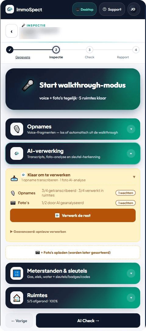 ImmoSpect — AI transcribeert, scoort per ruimte en analyseert foto's op schade