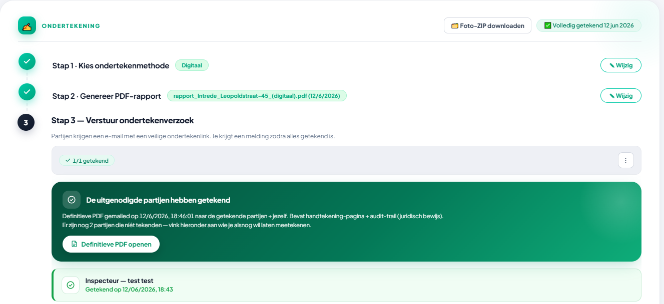 ImmoSpect desktop — PDF-rapport gegenereerd en volledig digitaal ondertekend